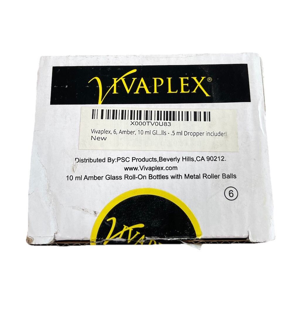 6 Vivaplex 10 ML Round Amber Glass Jars with Inner Liners and Black Lids Dropper